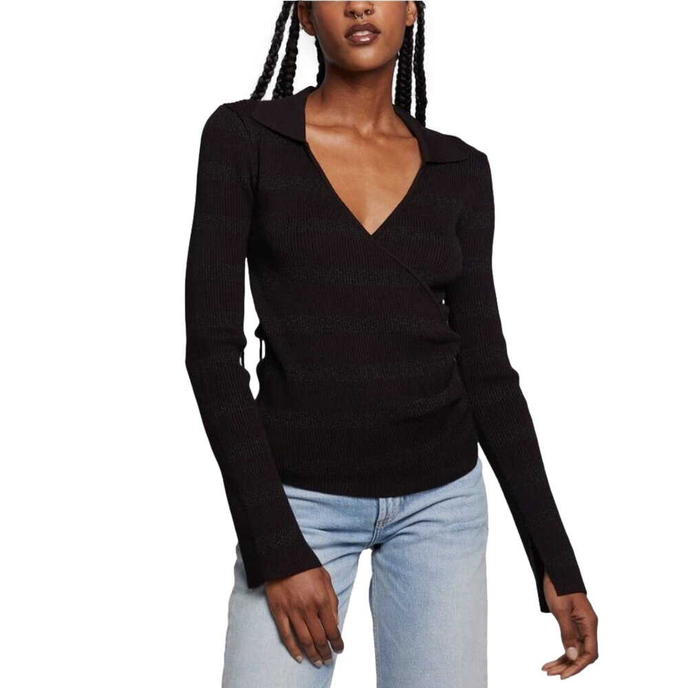 CHASER Women’s black collared silver ribbed wrap sweater size small NWT